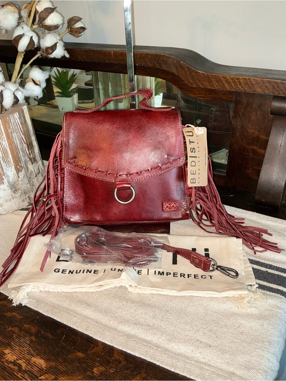 NWT Bed Stu Fringe Leather Hidden Crossbody Bag Handbag Cherry Lacquer MSRP $249